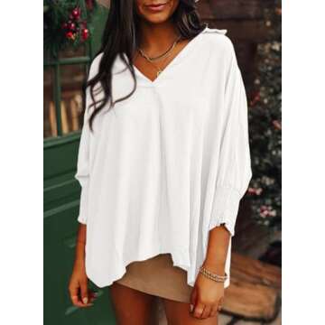 Dokotoo Womens Summer Tops 2025 Fashion V Neck Short Sleeve Shirts Business Casual Outfits 3/4 Sleeve Tops Dressy Blouses Plus Size Tops Tunics Tops Loose Fit White Blouses for Women's Clothing M