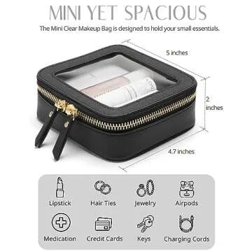 Mini Clear Black Makeup Bag - Cute Square Cosmetic Pouch for Travel with Zipper - For Women & Girls