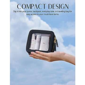 Mini Clear Black Makeup Bag - Cute Square Cosmetic Pouch for Travel with Zipper - For Women & Girls