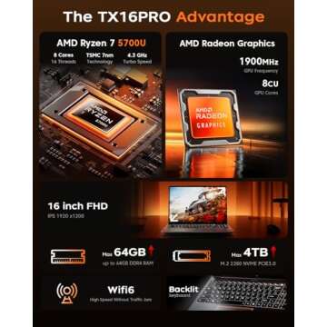 Gaming Laptop, Laptop Computer with AMD Ryzen 7 5700U (8C/16T, Up to 4.3GHz), 16GB RAM 512GB NVMe SS...