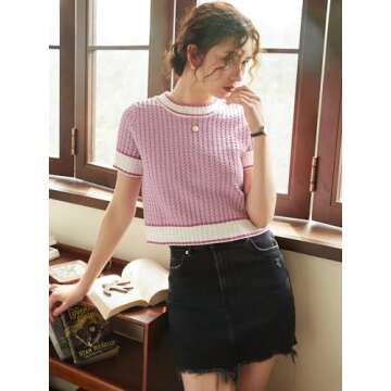 COZYEASE Women's Striped Print Rib Knit Short Sleeve Crop Sweaters Round Neck Binding Pullover Sweaters Lilac Purple S