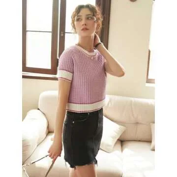 COZYEASE Women's Striped Print Rib Knit Short Sleeve Crop Sweaters Round Neck Binding Pullover Sweaters Lilac Purple S