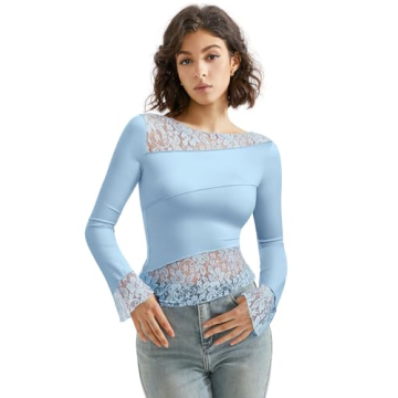 SUUKSESS Women's Lace Long Sleeve Top - Light Blue Y2k Style