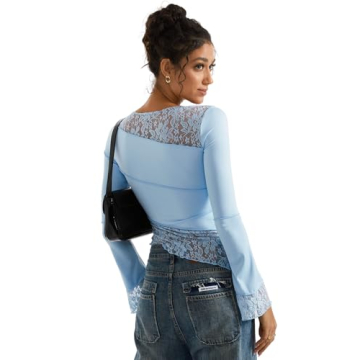 SUUKSESS Women Lace Long Sleeve Top Light Blue Y2k