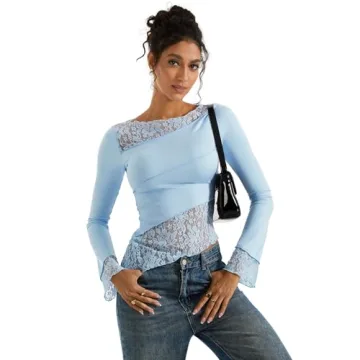 SUUKSESS Women Lace Long Sleeve Top Light Blue Y2k