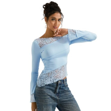 SUUKSESS Women Lace Long Sleeve Top Light Blue Y2k