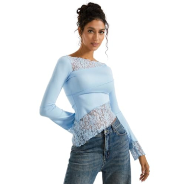 SUUKSESS Women Lace Long Sleeve Top Light Blue Y2k
