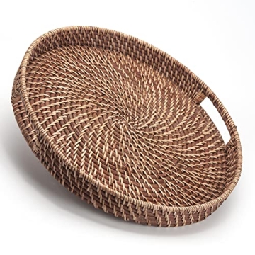 Round Rattan Woven Serving Tray with Handles Ottoman Tray for Breakfast, Drinks, Snacks for Coffee T...