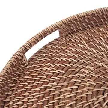 Round Rattan Woven Serving Tray with Handles Ottoman Tray for Breakfast, Drinks, Snacks for Coffee Table, Home Decorative (Honey Brown, 13.8"x2")