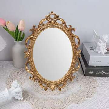 JANDERART Gold Vintage Oval Mirror 11 x 7.7 Inch, Antique Ornate Decorative Mirror for Desk & Wall, Small Vintage Mirror for Makeup Wall Decor