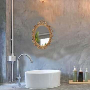 JANDERART Gold Vintage Oval Mirror 11 x 7.7 Inch, Antique Ornate Decorative Mirror for Desk & Wall, Small Vintage Mirror for Makeup Wall Decor