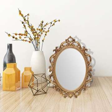 JANDERART Gold Vintage Oval Mirror 11 x 7.7 Inch, Antique Ornate Decorative Mirror for Desk & Wall, Small Vintage Mirror for Makeup Wall Decor