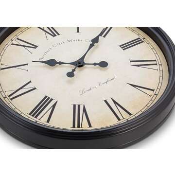 Bernhard Products Large Decorative Wall Clock 20 Inch Silent Non Ticking Battery Operated Quartz Vintage Stylish with Rustic Black Rim for Home Living/Dining Room Kitchen & Over Fireplace