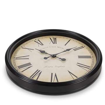 Bernhard Products Large Decorative Wall Clock 20 Inch Silent Non Ticking Battery Operated Quartz Vintage Stylish with Rustic Black Rim for Home Living/Dining Room Kitchen & Over Fireplace