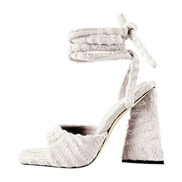 Onlymaker Women's Square Toe Chunky Heels Sexy Ankle Strappy Lace Up Heels Wide Open Toe High Block Heeled Sandals Fashion Party Dress Wrap-Up Tie-Up Chunky Block High Heels White Size 7