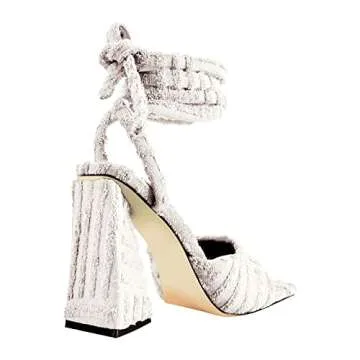 Onlymaker Women's Square Toe Chunky Heels Sexy Ankle Strappy Lace Up Heels Wide Open Toe High Block Heeled Sandals Fashion Party Dress Wrap-Up Tie-Up Chunky Block High Heels White Size 7