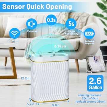 Bathroom Small Trash Can with Automatic Touchless Lid, 2.6 Gallon Smart Garbage Can Narrow Waterproo...
