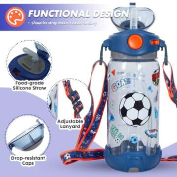 YOYTOO Kids Water Bottle with Straw/Lanyard for School Kids Girls Boys, 22 oz BPA Free Child Drinkin...