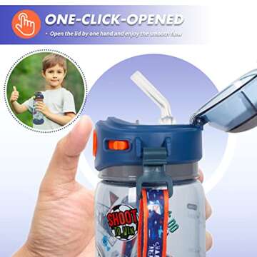 YOYTOO Kids Water Bottle with Straw/Lanyard for School Kids Girls Boys, 22 oz BPA Free Child Drinking Water Bottle One-Click-Open Leak-Proof Locking Flip Lid for Back to School Sport Travel (Soccer)