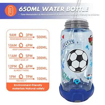 YOYTOO Kids Water Bottle with Straw/Lanyard for School Kids Girls Boys, 22 oz BPA Free Child Drinking Water Bottle One-Click-Open Leak-Proof Locking Flip Lid for Back to School Sport Travel (Soccer)