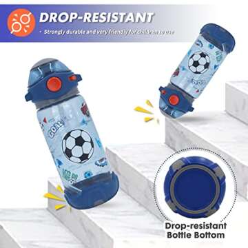 YOYTOO Kids Water Bottle with Straw/Lanyard for School Kids Girls Boys, 22 oz BPA Free Child Drinking Water Bottle One-Click-Open Leak-Proof Locking Flip Lid for Back to School Sport Travel (Soccer)