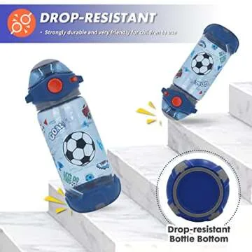 YOYTOO Kids Water Bottle with Straw/Lanyard for School Kids Girls Boys, 22 oz BPA Free Child Drinking Water Bottle One-Click-Open Leak-Proof Locking Flip Lid for Back to School Sport Travel (Soccer)