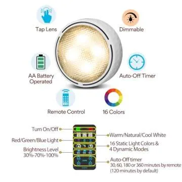 TECOMLIGHT Puck Lights with Remote Control, Battery Operated Wireless Under Cabinet Lighting, Stick on Tap Push Lights for Kitchen, Shelf, 6 Pack - White