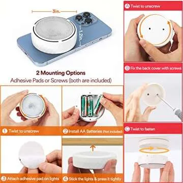 TECOMLIGHT Puck Lights with Remote Control, Battery Operated Wireless Under Cabinet Lighting, Stick on Tap Push Lights for Kitchen, Shelf, 6 Pack - White