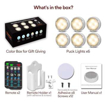 TECOMLIGHT Puck Lights with Remote Control, Battery Operated Wireless Under Cabinet Lighting, Stick on Tap Push Lights for Kitchen, Shelf, 6 Pack - White