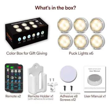 TECOMLIGHT Puck Lights with Remote Control, Battery Operated Wireless Under Cabinet Lighting, Stick on Tap Push Lights for Kitchen, Shelf, 6 Pack - White