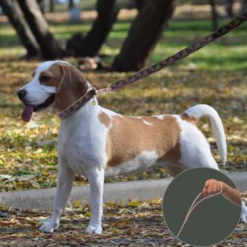 Dog Leather Collar and 4 ft Leash, KUDES Adjustable Basic Collar with Bell Leather Pet Leash Set, Checkered Pattern Durable Leather Collar and Leash with Metal Buckle for Small Medium Large Dogs