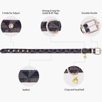 Dog Leather Collar and 4 ft Leash, KUDES Adjustable Basic Collar with Bell Leather Pet Leash Set, Checkered Pattern Durable Leather Collar and Leash with Metal Buckle for Small Medium Large Dogs