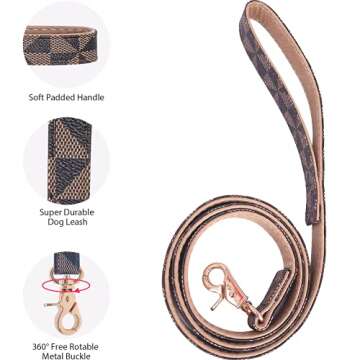 Dog Leather Collar and 4 ft Leash, KUDES Adjustable Basic Collar with Bell Leather Pet Leash Set, Checkered Pattern Durable Leather Collar and Leash with Metal Buckle for Small Medium Large Dogs