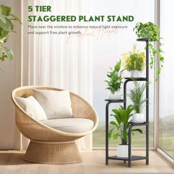 TOSKING 5 Tier Metal Plant Stand Indoor 48''H Tall ,Heavy Duty Plant Shelf , Corner Shelf Flower Pot Stand for Outdoor Plant Stand for Living Room Balcony Garden Patio Bedroom (Black)