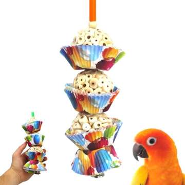 Bonka Bird Toys 1931 Three Cake, 11.75" Hanging Bird Toy with Sola Balls, Cupcake Cups, Wooden Beads...