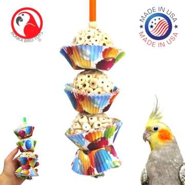 Bonka Bird Toys 1931 Three Cake, 11.75" Hanging Bird Toy with Sola Balls, Cupcake Cups, Wooden Beads, Bell, and Straw, Chewable and Shreddable, Safe for Parrots, and Small Birds