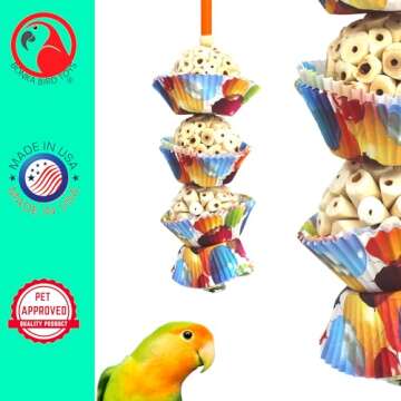 Bonka Bird Toys 1931 Three Cake, 11.75" Hanging Bird Toy with Sola Balls, Cupcake Cups, Wooden Beads, Bell, and Straw, Chewable and Shreddable, Safe for Parrots, and Small Birds