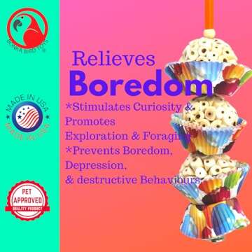 Bonka Bird Toys 1931 Three Cake, 11.75" Hanging Bird Toy with Sola Balls, Cupcake Cups, Wooden Beads, Bell, and Straw, Chewable and Shreddable, Safe for Parrots, and Small Birds