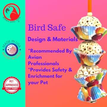 Bonka Bird Toys 1931 Three Cake, 11.75" Hanging Bird Toy with Sola Balls, Cupcake Cups, Wooden Beads, Bell, and Straw, Chewable and Shreddable, Safe for Parrots, and Small Birds