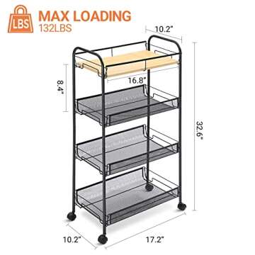 KINGRACK 4-Tier Rolling Cart,Metal Utility Cart with Wooden Tabletop,Easy Assemble Mobile Storage Tr...