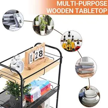 KINGRACK 4-Tier Rolling Cart,Metal Utility Cart with Wooden Tabletop,Easy Assemble Mobile Storage Trolley On Wheels,Craft Storage Cart for Bedroom Office Kitchen Bathroom Laundry Room,Black