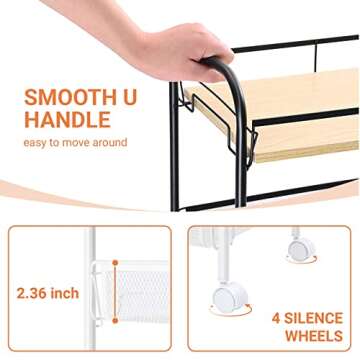 KINGRACK 4-Tier Rolling Cart,Metal Utility Cart with Wooden Tabletop,Easy Assemble Mobile Storage Trolley On Wheels,Craft Storage Cart for Bedroom Office Kitchen Bathroom Laundry Room,Black