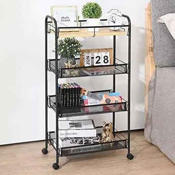 KINGRACK 4-Tier Rolling Cart,Metal Utility Cart with Wooden Tabletop,Easy Assemble Mobile Storage Trolley On Wheels,Craft Storage Cart for Bedroom Office Kitchen Bathroom Laundry Room,Black