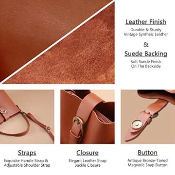 Town Bucket Vegan Leather Bag For Women (Light Brown Camel) Hobo Retro Faux Casual Purse Classic Vintage Simple Shoulder Handbag