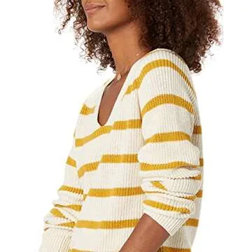 Goodthreads Women's Cotton Shaker Stitch Deep V-Neck Sweater, Gold Oatmeal Stripe, X-Small