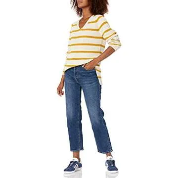 Goodthreads Women's Cotton Shaker Stitch Deep V-Neck Sweater, Gold Oatmeal Stripe, X-Small