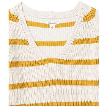 Goodthreads Women's Cotton Shaker Stitch Deep V-Neck Sweater, Gold Oatmeal Stripe, X-Small