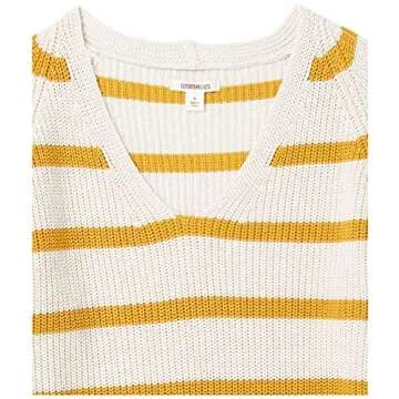 Goodthreads Women's Cotton Shaker Stitch Deep V-Neck Sweater, Gold Oatmeal Stripe, X-Small