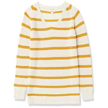 Goodthreads Women's Cotton Shaker Stitch Deep V-Neck Sweater, Gold Oatmeal Stripe, X-Small
