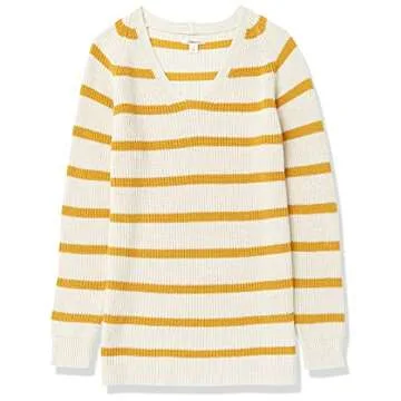 Goodthreads Women's Cotton Shaker Stitch Deep V-Neck Sweater, Gold Oatmeal Stripe, X-Small